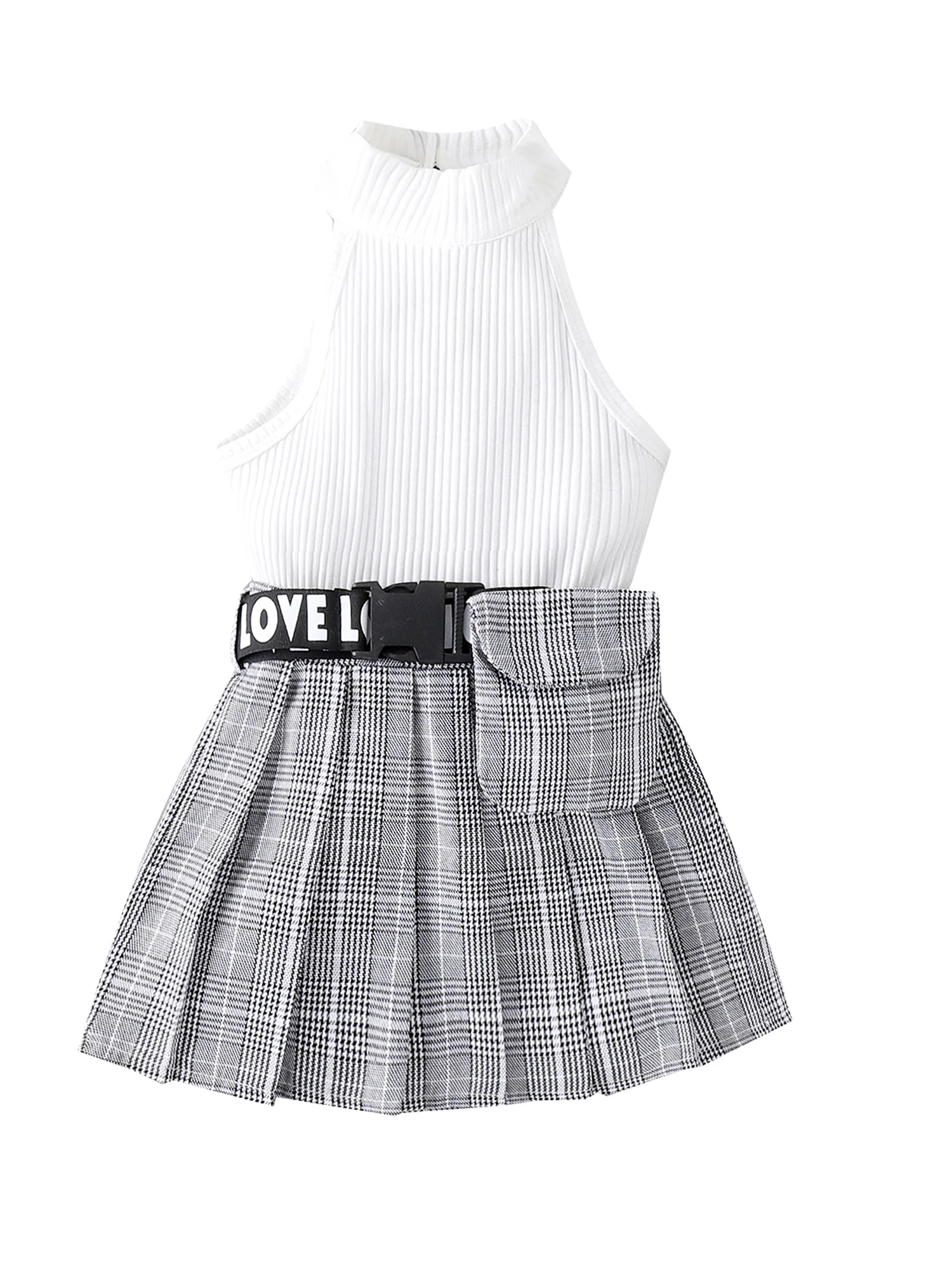 

Летняя одежда для маленьких девочек, рубашка с лямкой на шее без рукавов, трикотажный топ, плиссированная клетчатая юбка, комплект одежды