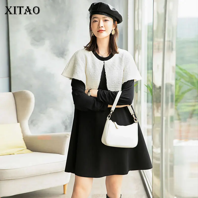 

XITAO, контрастные цвета, лоскутные платья, модные, Украшенные бусинами, с круглым вырезом, пуловер, Повседневный, корейский стиль, свободные, б...