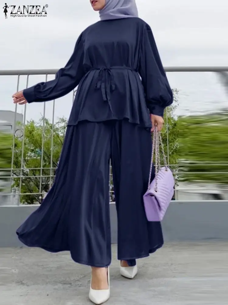 

Oversized Women Matching Sets Stylish Muslim Sets ZANZEA Puff Sleeve Satin Blouse Elastic Waist Pants Kaftan Abaya Turkish Tunic
