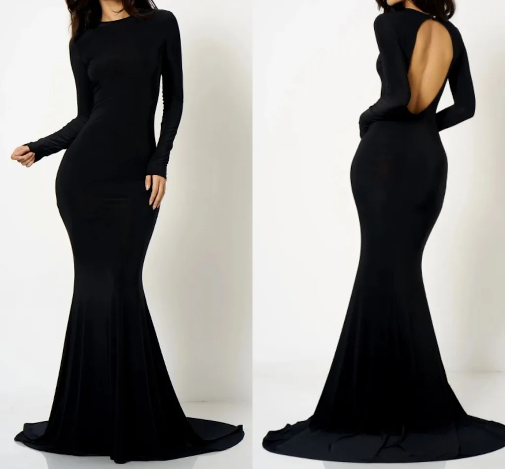 

Sexy Black Formal Evening Dresses 2022 Jewel Long Sleeve Open Back Soft Satin Prom Party Gowns Vestidos Festa Robe De Soiree