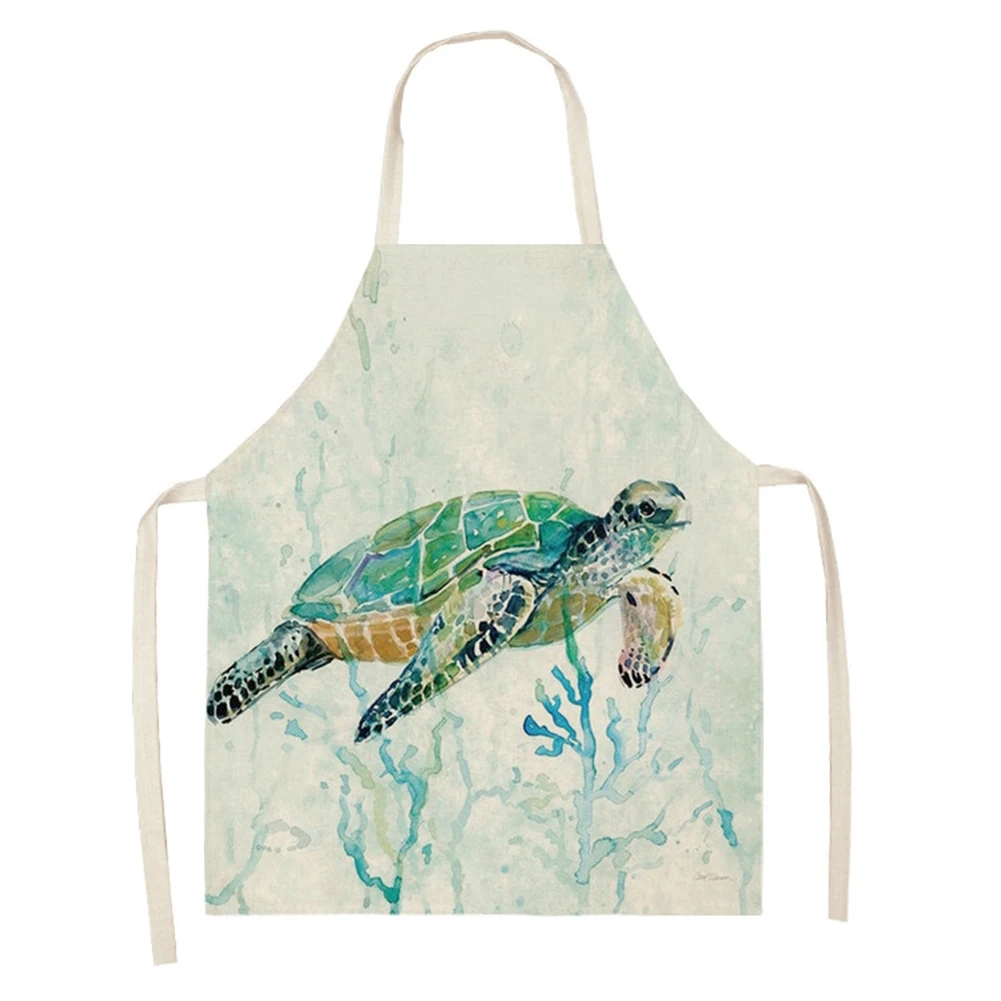 

Linen Sea Turtle Print Kitchen Aprons Bibs for Household Cooking Dinner Party Restaurant Chef Waiter Apron Baking Cleaning Tools