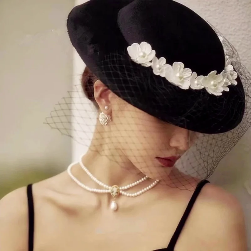 

Shara new Hepburn wind black veil French flower hat the bride headdress studio accessories dress hats