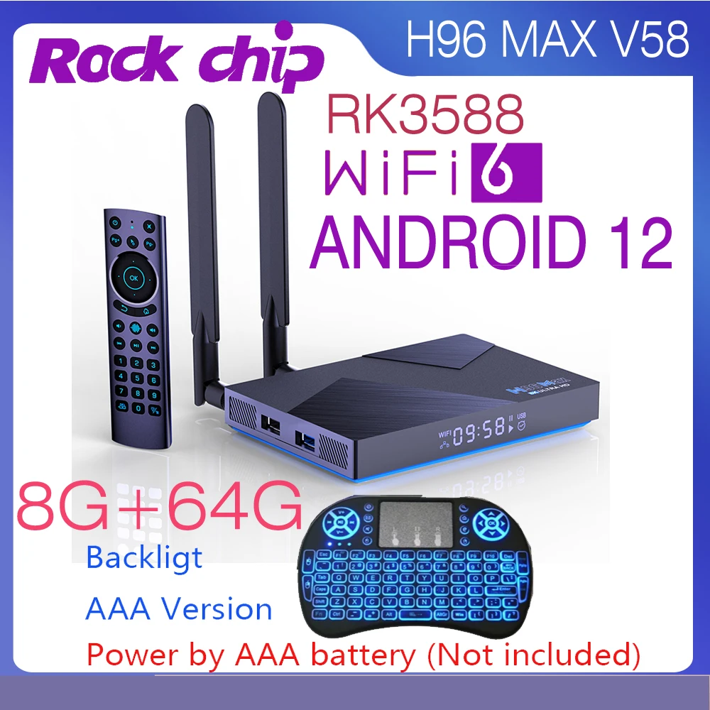 Android 12.0 Wifi6.0 Quad Core Rockchip RK3588 4GB 8GB 32GB 64GB 1000M LAN 2.4G 5G Dual Wifi BT4.0 Smart TV Box H96 MAX V58
