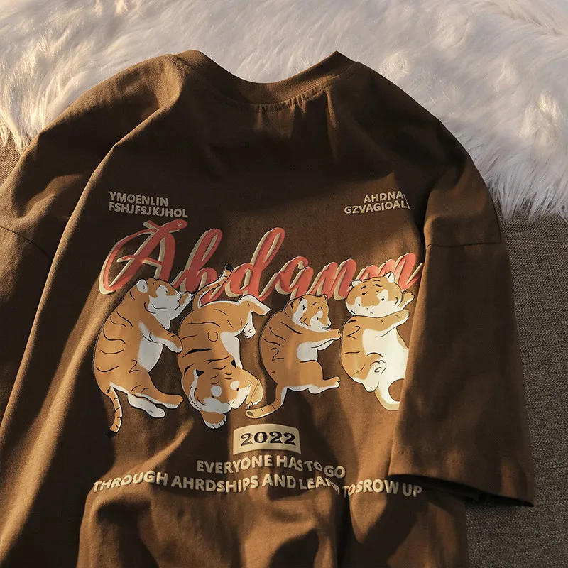 

2022 Summer T-shirt Women Loose Cartoon Print Tops Anime Overisze Tees O-neck Short Sleeve Cute Tigers Pattern Green Ropa Mujer