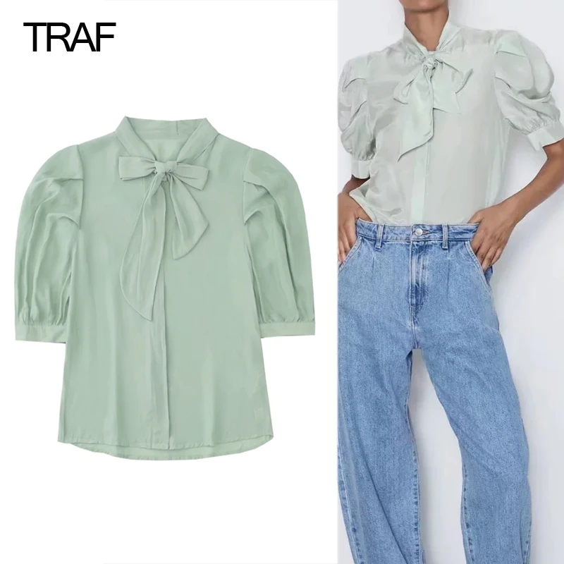 

Женская шифоновая блузка с бантом, с пышными рукавами