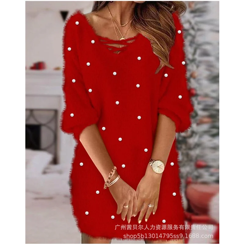 

Women Casual Loose Velvet Plush Mini Dress Streetwear Elegant Plain V Neck Fluffy Casual Dress