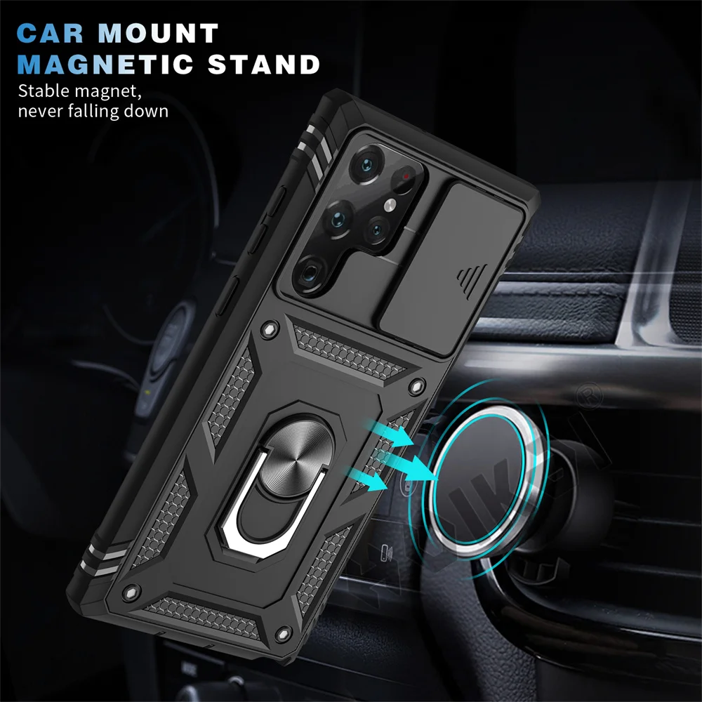 HUIKAI Case For Samsung S23 S22 S21 FE Ultra Plus A52 A32 5G Heavy Duty with Camera 360 Degree Rotate Kickstand Shockproof Cover