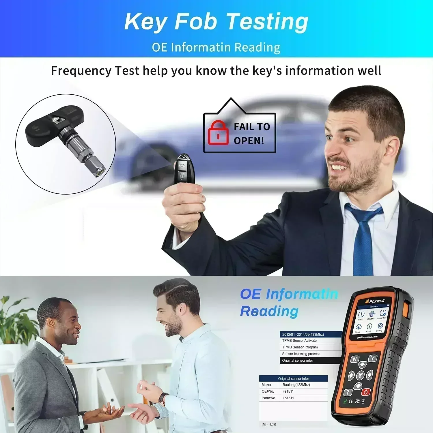 Лучший инструмент Foxwell T1000 TPMS Датчики Программирование Активация Проверка RF Key FOB