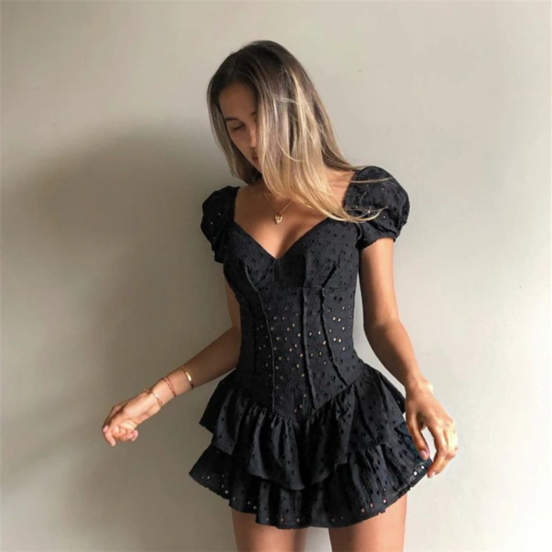 

Women V Neck Ruffles Pleated Dress Women Puff Sleeve Chic Black Summer Dress Party Hollow Out Vintage Corset Ladies