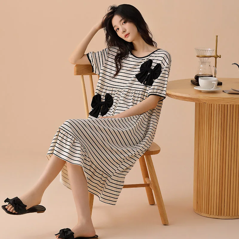 Striped Nightgowns Bow Sleepwear Nightwear Female Summer Long Dress Short Sleeve Princess Shirt Womens Robe Peignoir Homme