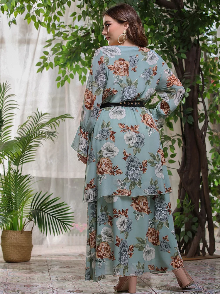 Large Size Long-sleeved Muslim Dress Printed V-neck High Waist Skirt Long Style Belt Elegant Temperament Suitable Spring Autumn