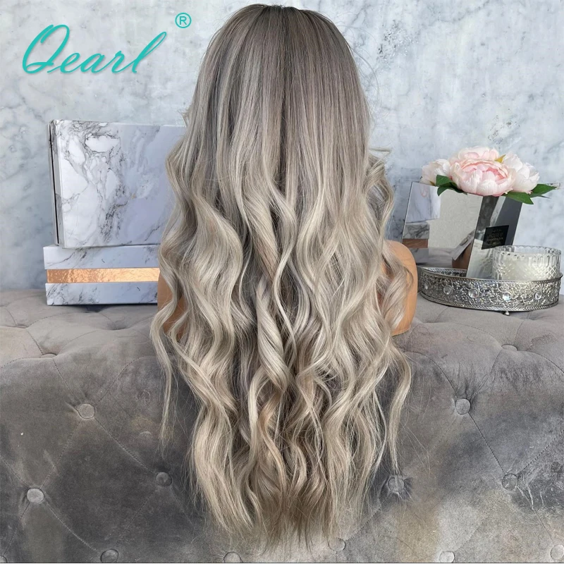 Human Hair Full Lace Wigs Grey Ash Brown Blonde Mixed Lace Front Wig for Women 13x6 HD Lace Frontal Wavy 150% Remy Hair Qearl