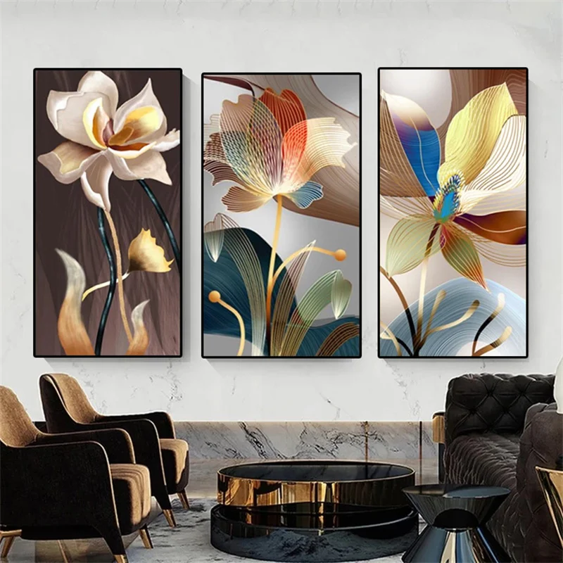 

Abstract Luxury Flowers Canvas Painting Pictures Golden Lines Modern Plants Posters and Prints Gallery Living Room Home Decor