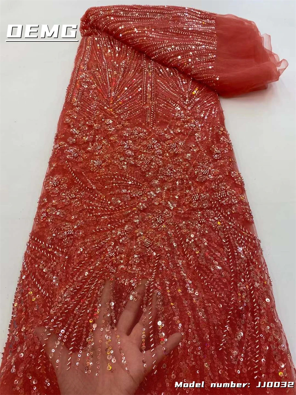 

OEMG Red Fashion Women's High Quality 5Yards Luxury Handmade Sewing Materials Nigeria Mesh Lace Fabirc For Bride Dress JJ0032