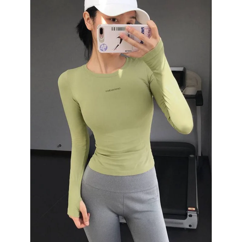 

Спортивные футболки, спортивный топ, Женский облегающий костюм для йоги с высоким прыжком, быстросохнущая футболка для бега, тренажерного зала, футболка с длинными рукавами