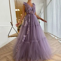 simple 3d flowers a line prom dresses 2022 deep v neck tulle women evening gown long draped floor length party gown sleeveless