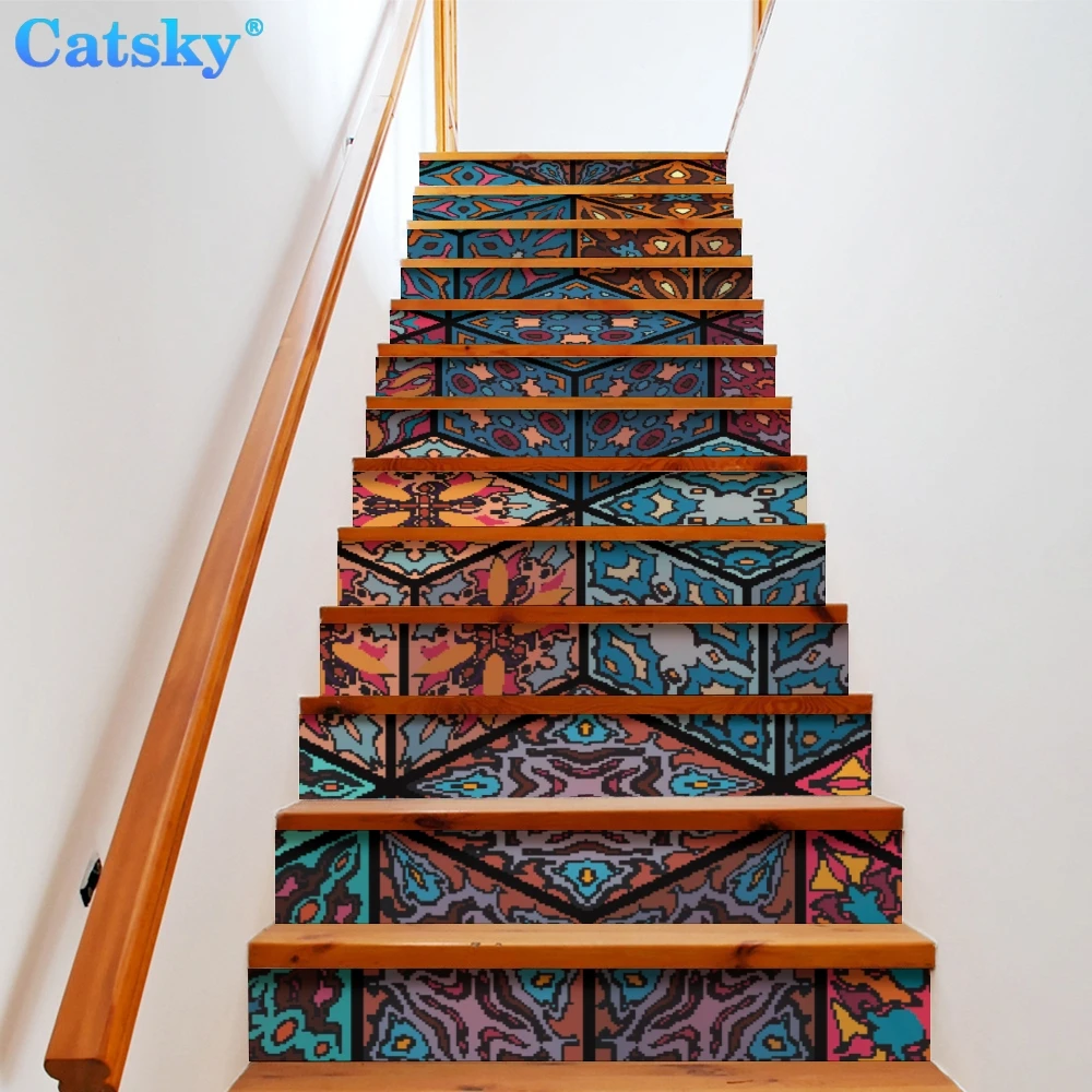 

Ethnic Style Printstyle,Mandala,6pcs 13pcs/Set Stair Floor Stickers Waterproof Removable Self Adhesive Diy Stairway Decals