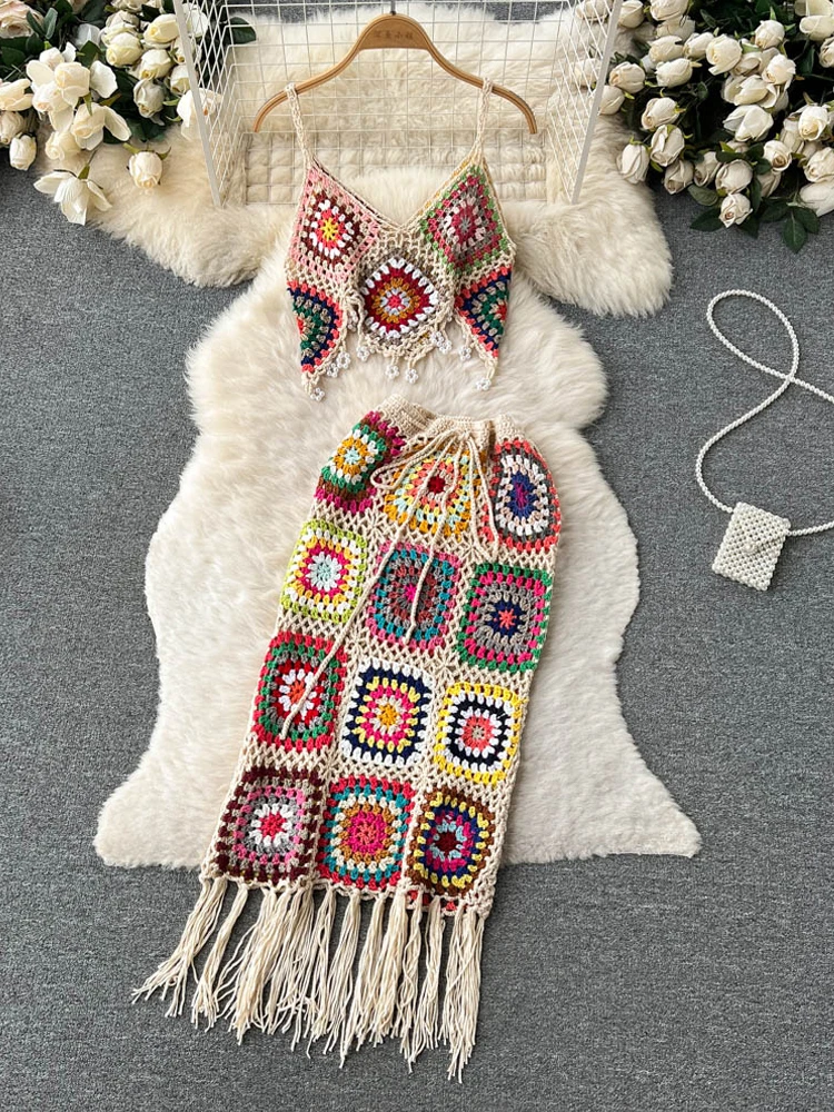 

YuooMuoo женское платье, летнее модное платье Y2K, Пляжные Вязаные кроше топы + юбки с высокой талией и кисточками, сексуальные костюмы из двух пре...