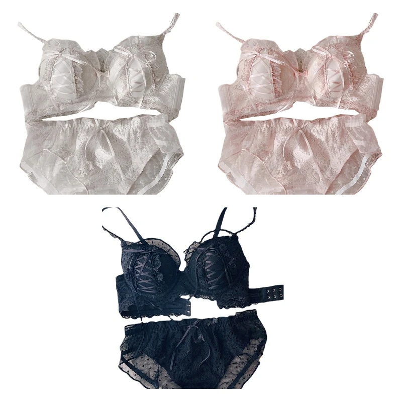 

Lolita 2Pcs Bra Panty Lingerie Set Embroidery Lace Ruffle Bow Kawaii Underwear