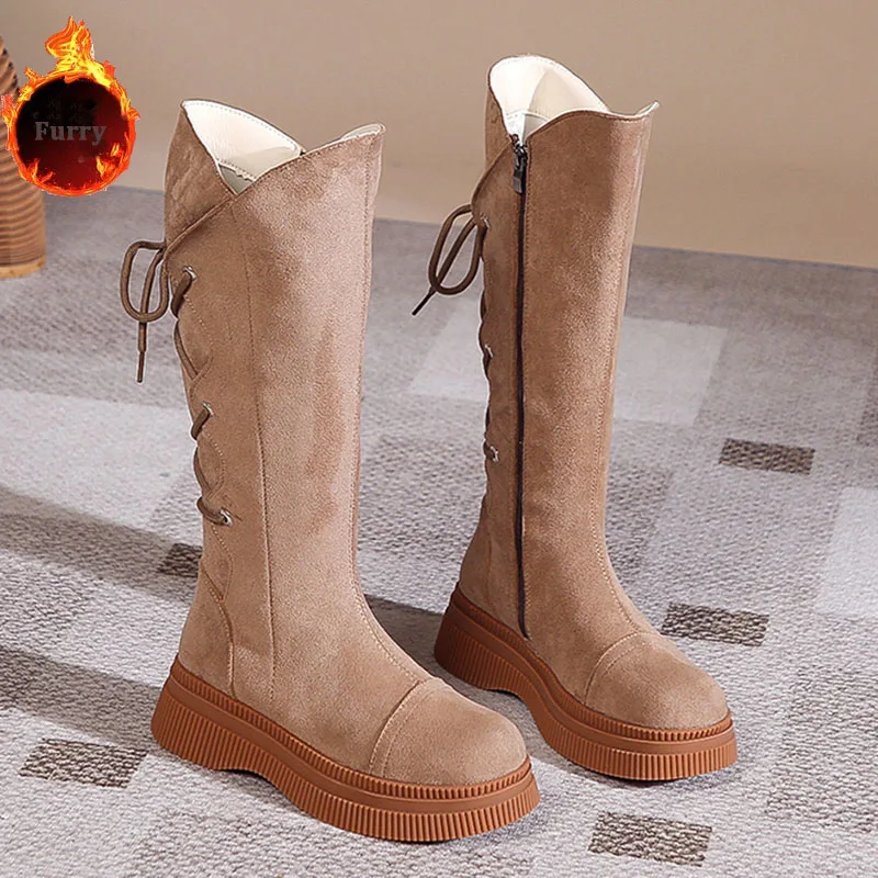 

Женские сапоги Челси с плюшевой подкладкой, повседневные сапоги до колена на низком каблуке, со шнуровкой, в западном стиле, зима 2023