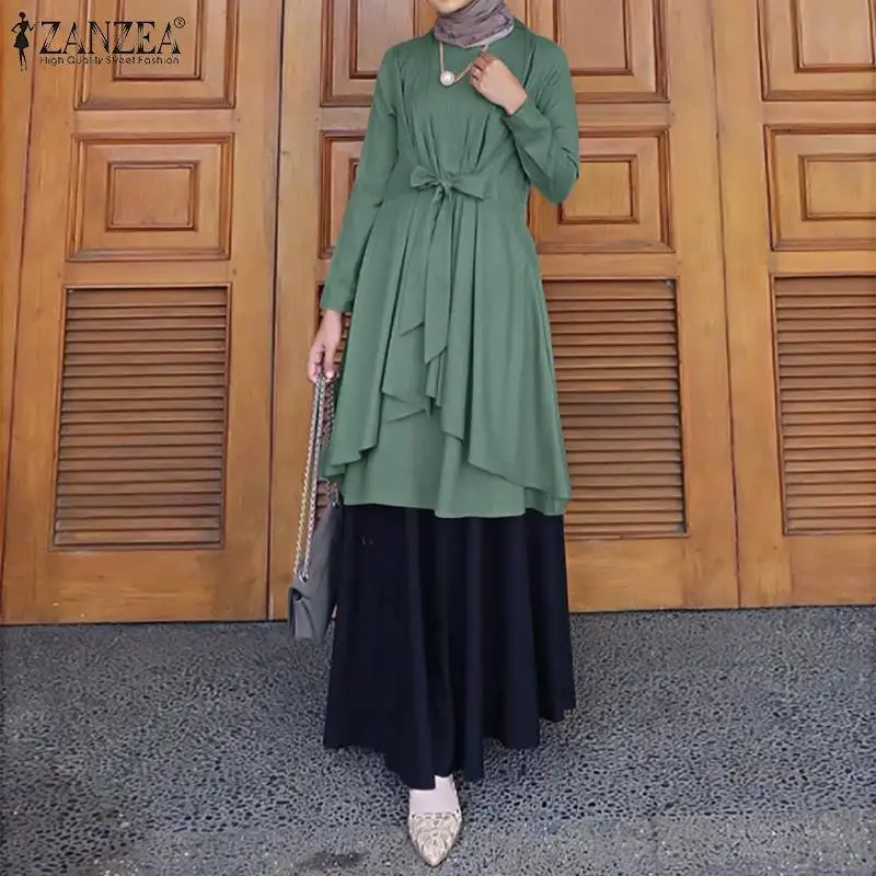 

Women Spring Solid Dress Vintage Long Sleeve Muslim Dress ZANZEA Asymmetrical Lace Up Dress Casual Elegant Abaya Hijab Vestidos