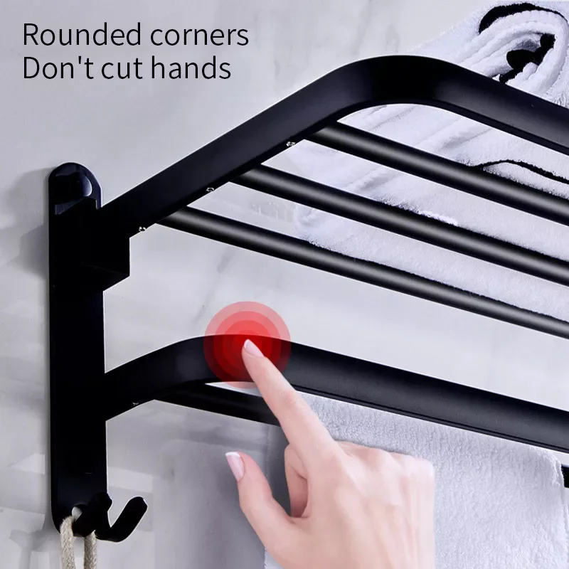 

Towel Rack Frosted Black Aluminum Wall-Mounted Folding Storage Rack With Hook Rack Shower Room Accessorie Storage Shelf