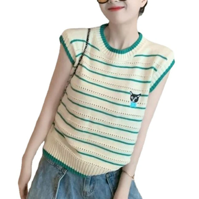 

Женский трикотажный жилет без рукавов, свободный Трикотажный жилет контрастных цветов в полоску с вышивкой в виде милой собаки, на лето