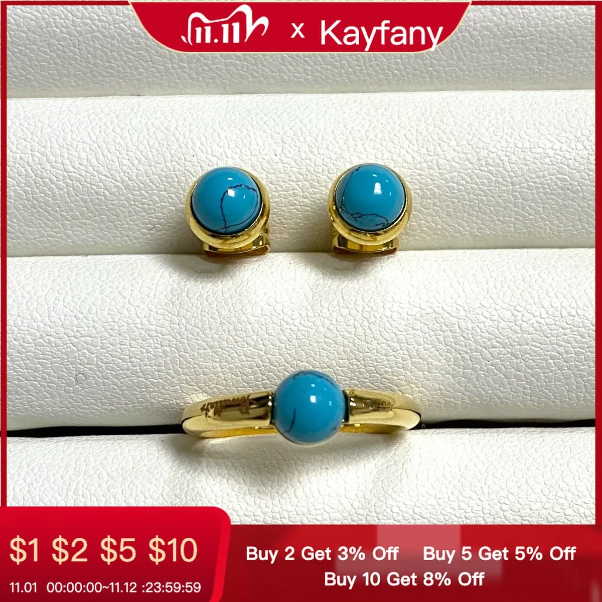 

Small Round Crystal Ring&Earrings Set For Women Gold Plated Candy Color Turquoise Jewelry Set Tiger Eye Stone Fashion Jewelry