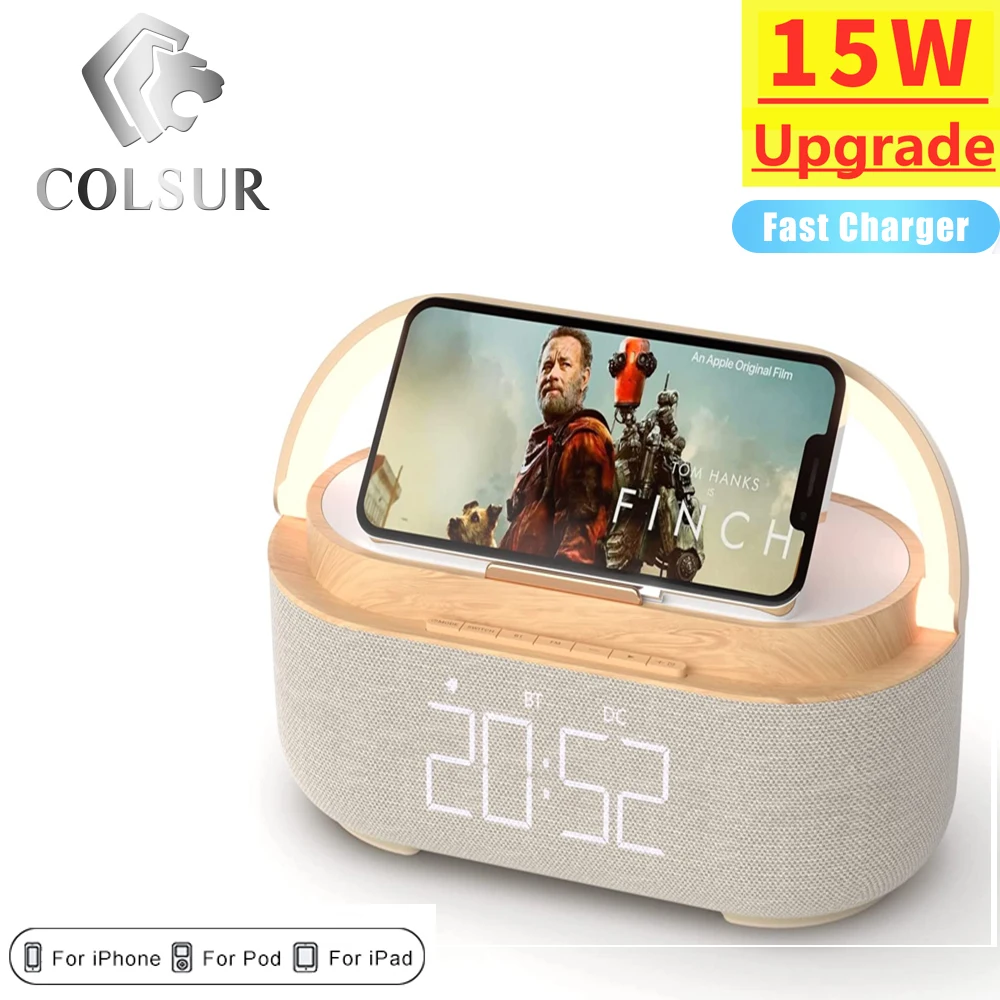 

Digital Alarm Clock Wireless Charger 15W Bluetooth Speaker FM Clock Radio Night Light Dual Wireless Speakers Home Bedside