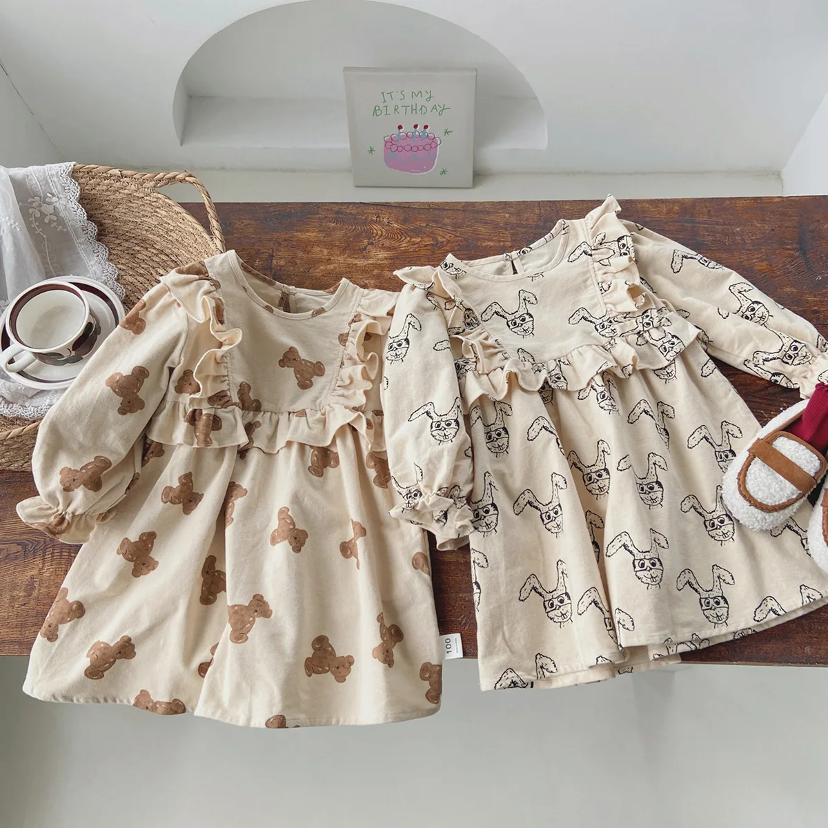 

Korean Style Girl's Dress Little Bear Rabbit Printed Sweet Ruffle Round Neck Sweet Dress Children Long Sleeve Princess Dress