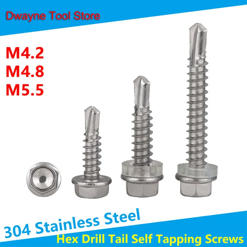 

304 Stainless Steel Hex Drill Tail Self Tapping Screws M4.2M4.8M5.5 【5pcs】