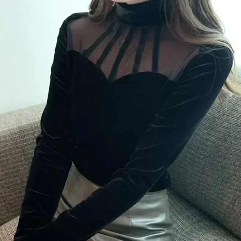 Осенне-зимняя женская футболка с длинным рукавом сетчатый топ сексуальная