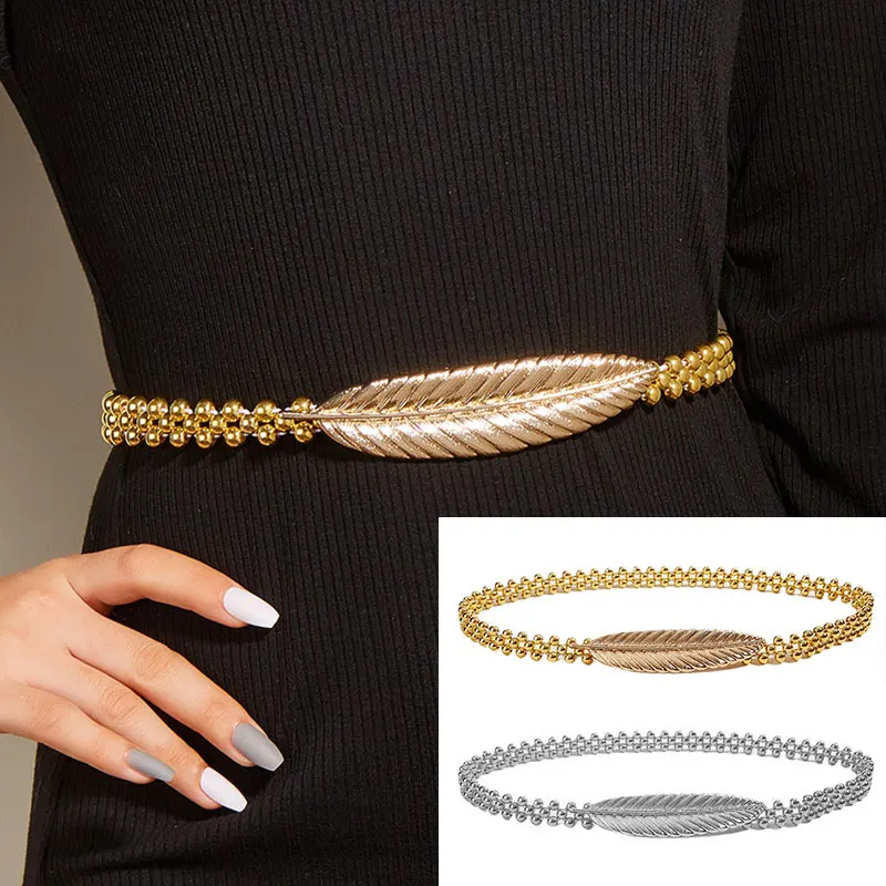 

Elastic Belts For Women cinturones Gold Silver Leaves Designer Belt Thin Slim Waist Chain For Dress Coat Waistband Waist Belts