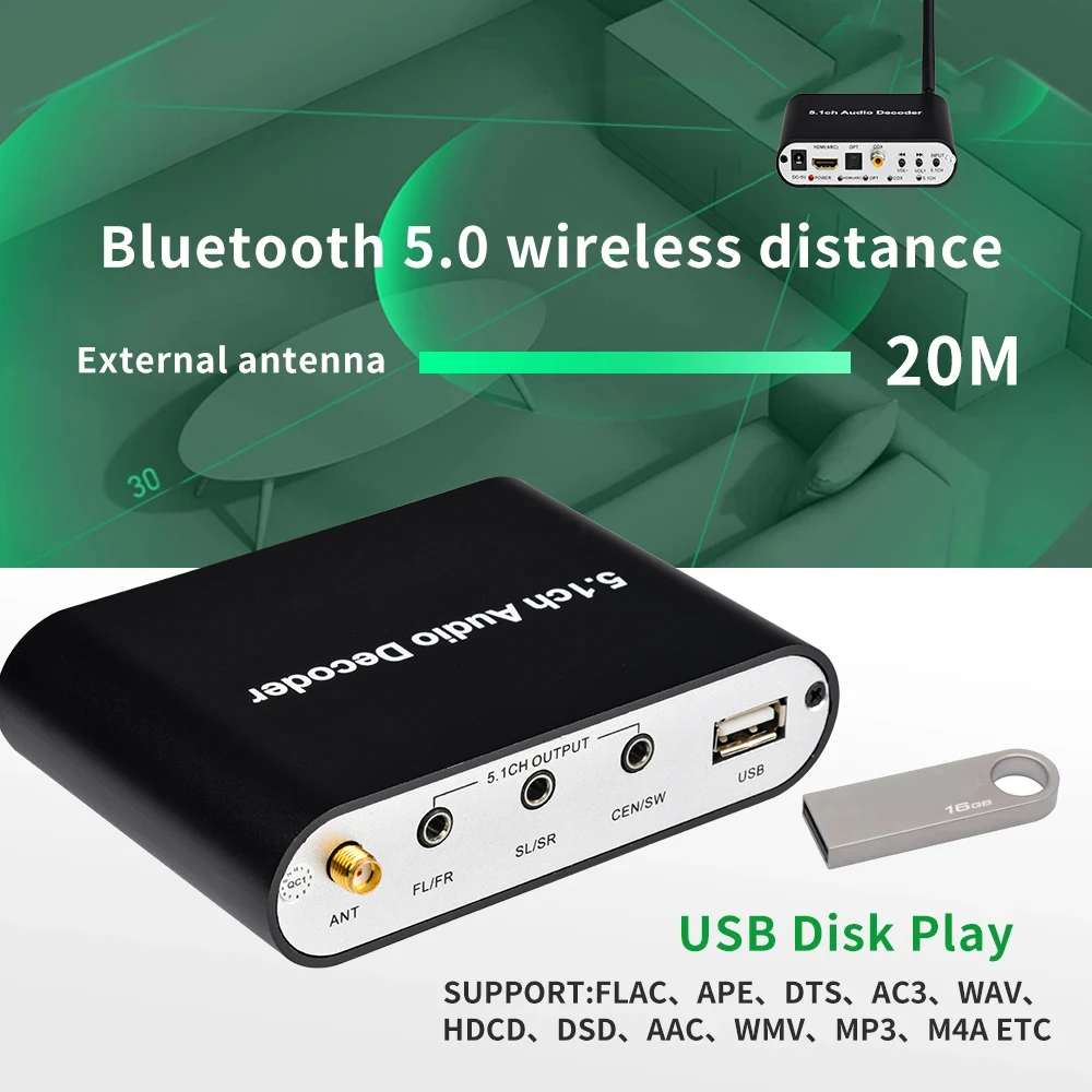 DTS AC3 5.1 Аудиодекодер-конвертер, HDMI-совместимый экстрактор, ARC, SPDIF, коаксиальный, оптический, USB-плеер, Bluetooth DAC, DTS AC3, FLAC (art.: 3920da712ff50) - 3920da712ff50