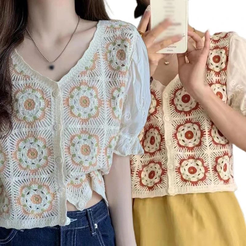 

Women Puff Short Sleeve Crop Top Crochet Knit Embroidery Floral V-Neck Cardigan