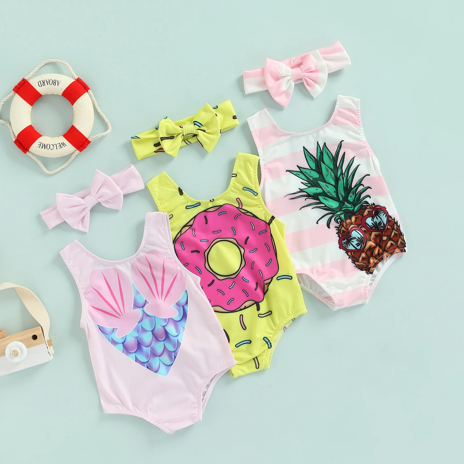 

0-3Years Cute Kids Baby Girl Swimsuit Summer Pineapple/Shell/Donut Printed Sleeveless Straps Bathing Suits With Bow Headband Hot
