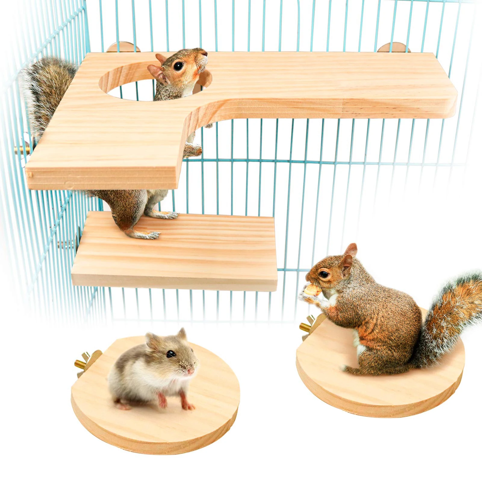 

4 Pieces Hamster Wood Platform Set Natural Hamster Platform Set L-shaped Round Hole Standing Platform Hamster Cage Accessories