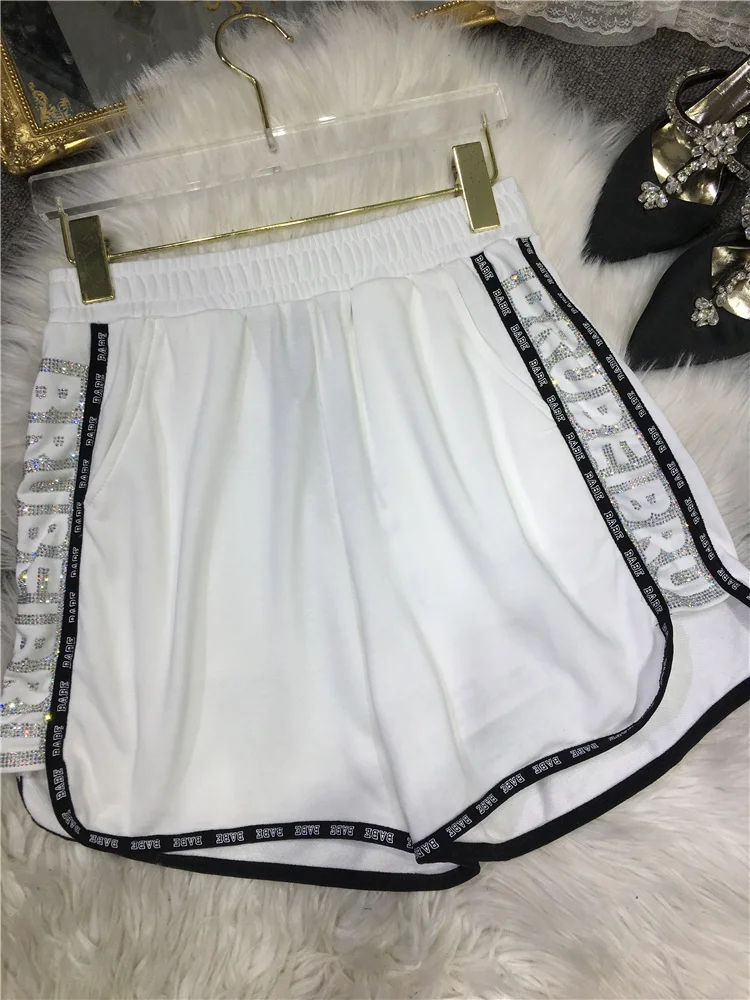 High Qaulity Letters Hot Drilling Women Shorts 2023 New Summer Fashion All-match Elastic Waist Wide Leg Pants Casual Hot Shorts