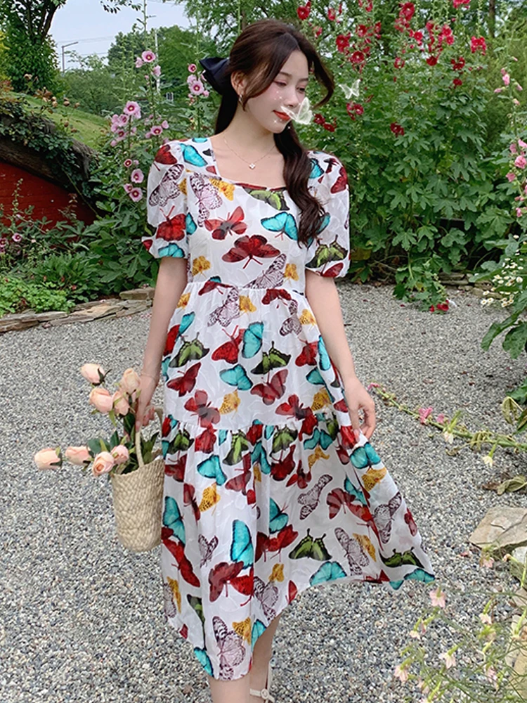 

Summer new women's Bohemian Travel Beach vintage butterfly print loose large size long dress square neck puffed sleeve dress