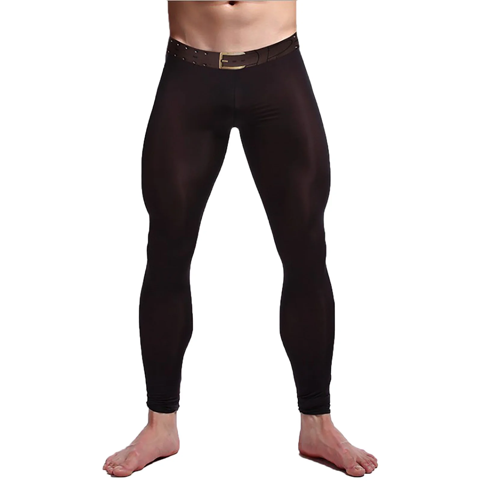 Sexy Mens See Through Ice Silk Ultra-thin Transparent Thermal Leggings Belt Print Tight Pants Underwear