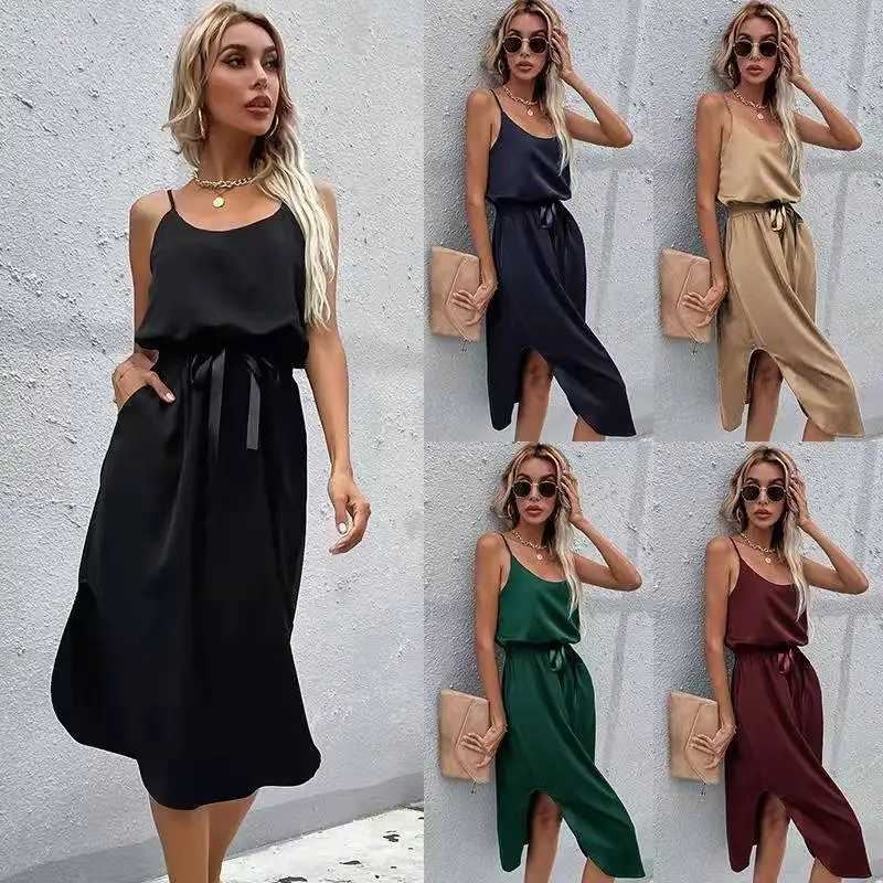 

2022 Spring Summer Dress for Women Slim Waist Belted Long Dresses Solid Color Casual Slit Slip Dress