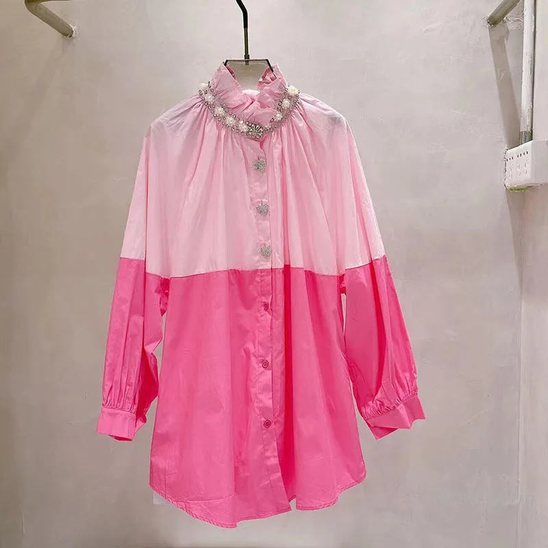 

Оригинальные рубашки для женщин, изысканные стразы, женская блузка с подбором цветов, весна 2022, новая модная Свободная блузка средней длины