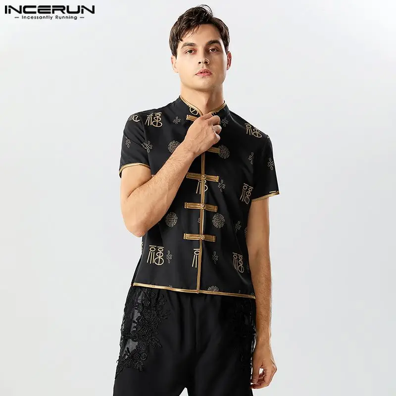 

2023 Men Shirt Print Patchwork Stand Collar Short Sleeve Vintage Streetwear Men Clothing Chinese Style Casual Shirts INCERUN