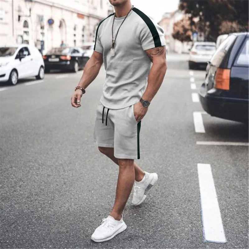 Men's t-shirts New Leisure Suit Youth Trendy Fashion Colorblock round Neck T-shirt and Shorts Two-Piece Suit for Men