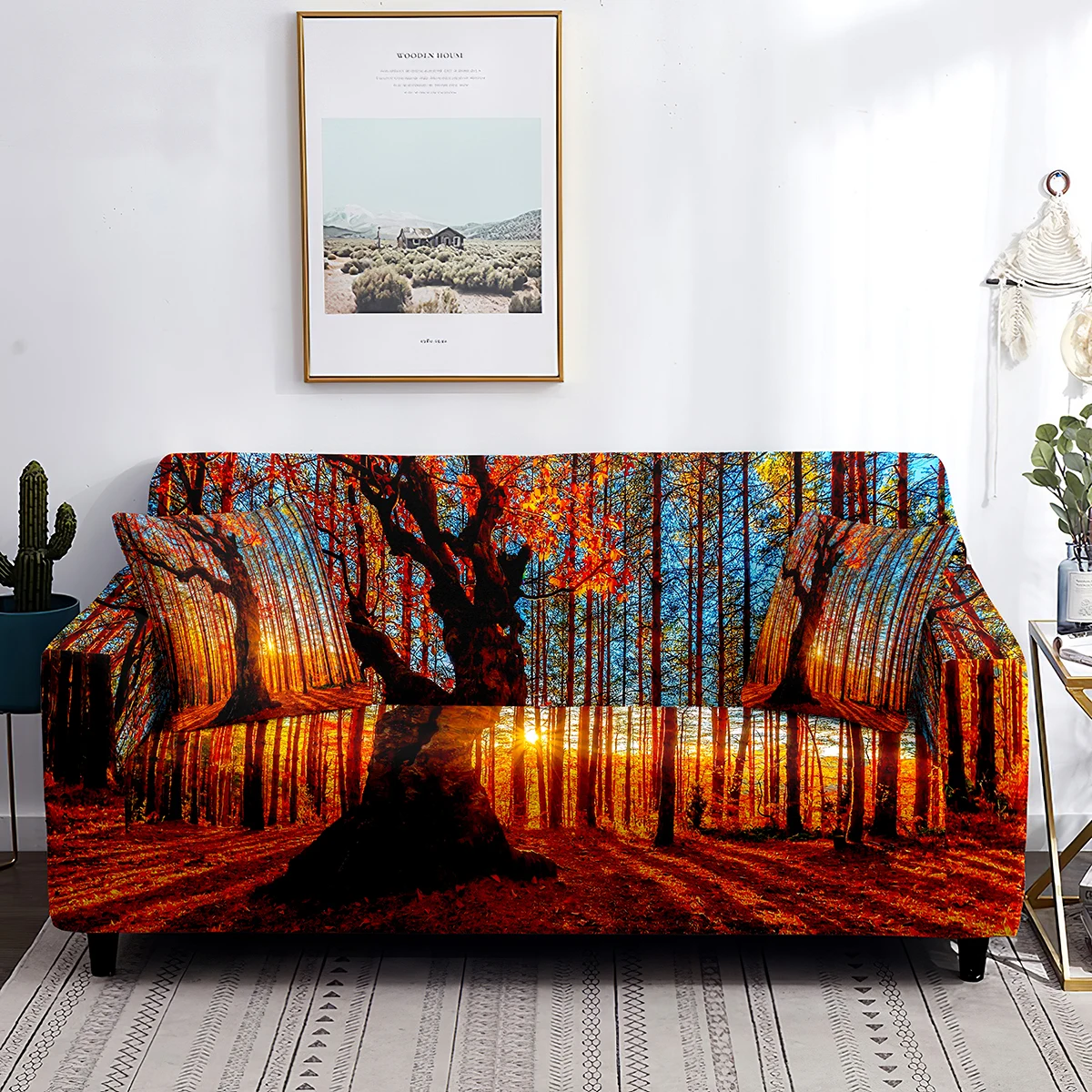 

Woodland Sofa Cover Forest Autumntime Sunrise Nature View Scene Stretch Couch Cover Non Slip Furniture Protector for Living Room