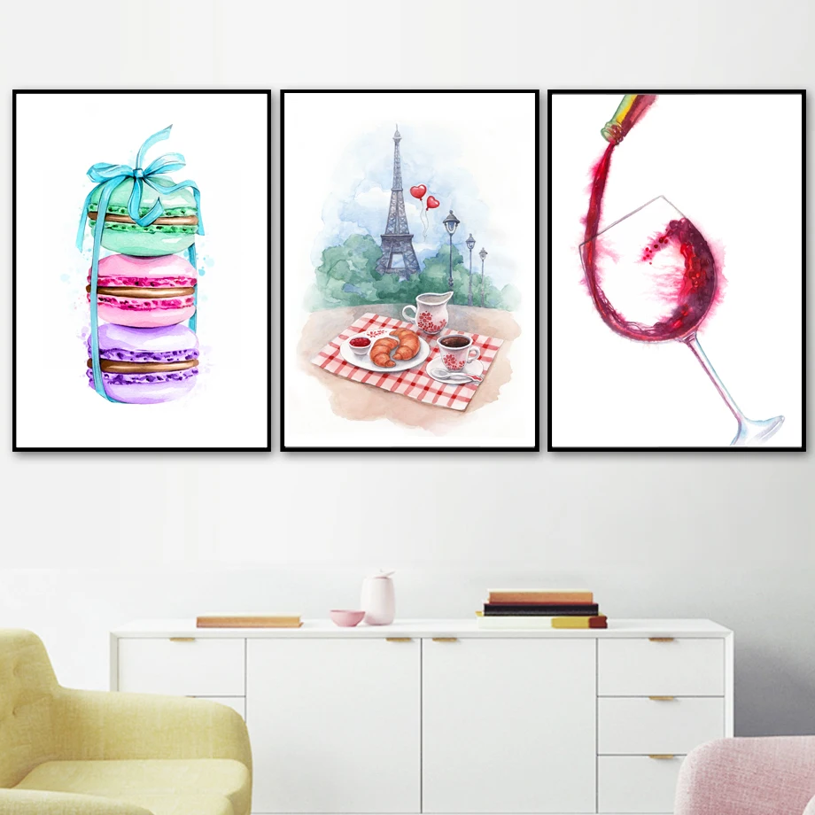 Акварель Париж макарон кофе круассаны вино скандинавские плакаты настенное