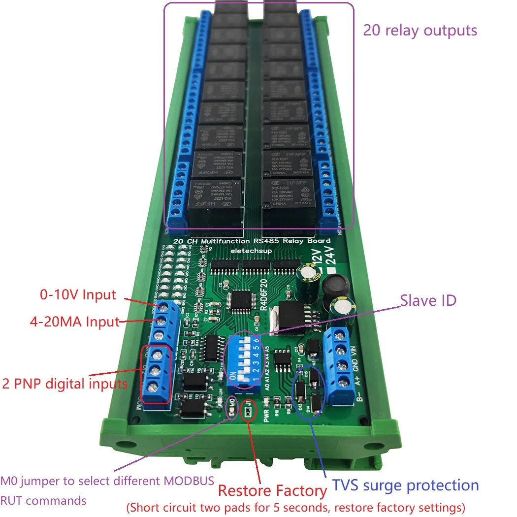 Релейный модуль 20CH RS485 20DO 2DI 2AI PLC IO расширяющаяся плата Modbus RTU 4-20 мА 0-10 В Входное