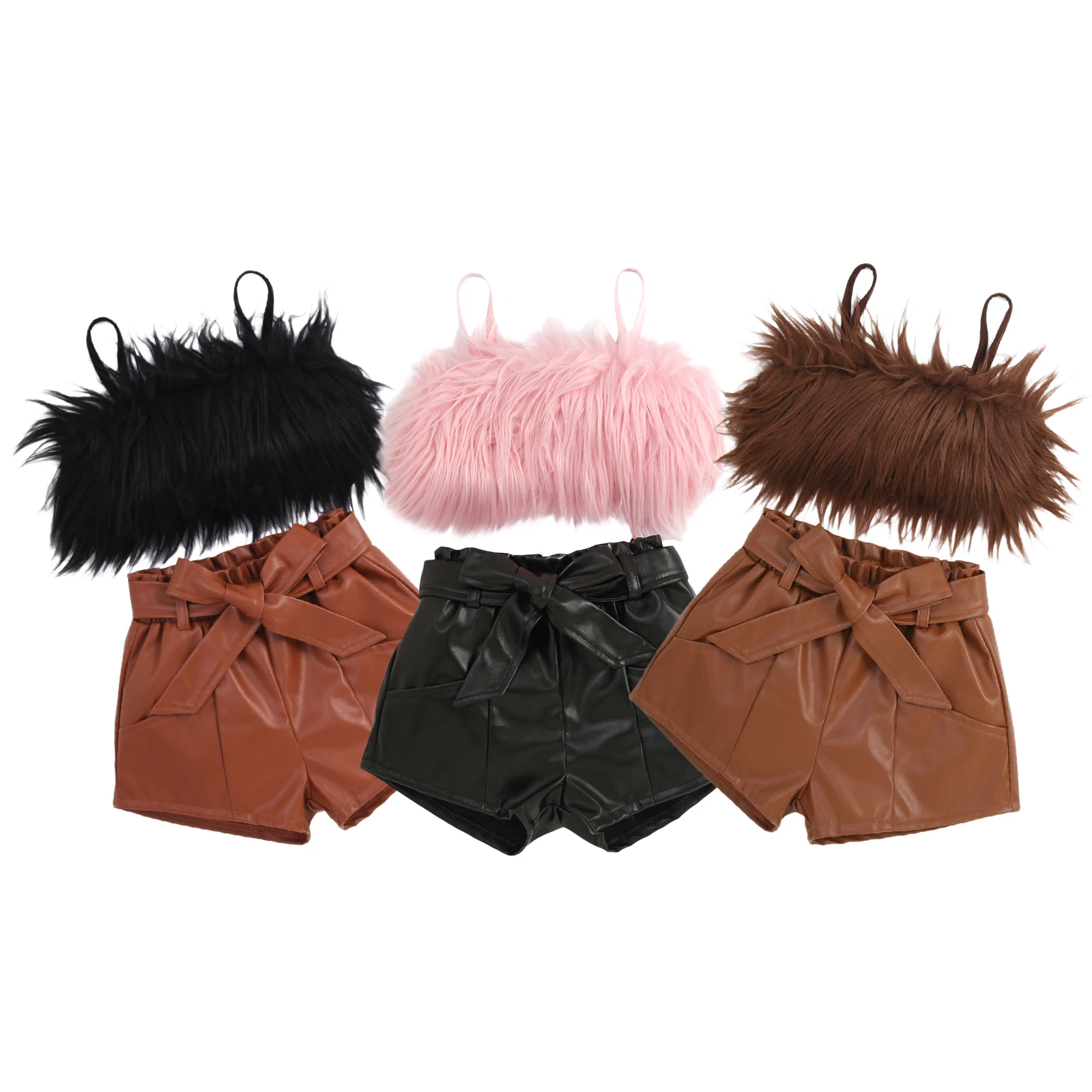 

1-6Y Toddler Baby Kid Girl Clothes Set Plush Sleeveless Tank Top PU Leather Shorts with Belt Outfits Children Girls Costumes
