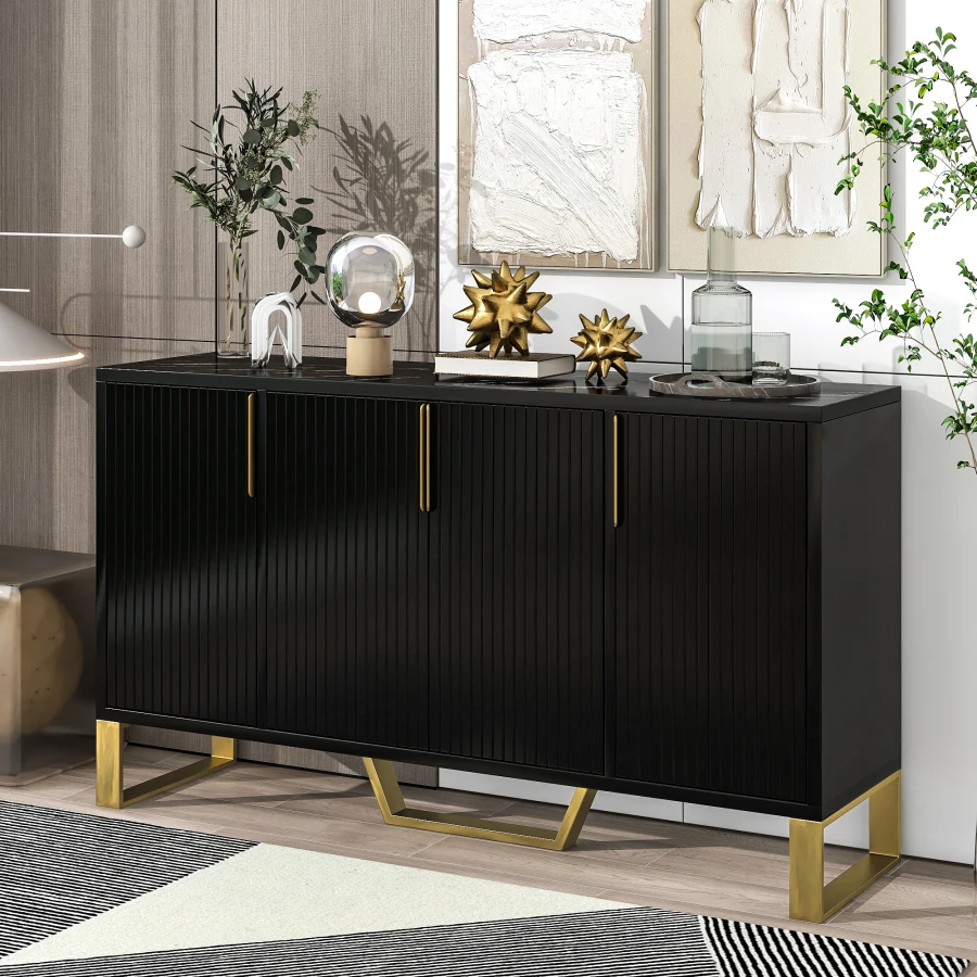 

Modern sideboard with Four Doors, Metal handles & Legs and Adjustable Shelves Kitchen Cabinet (Black)