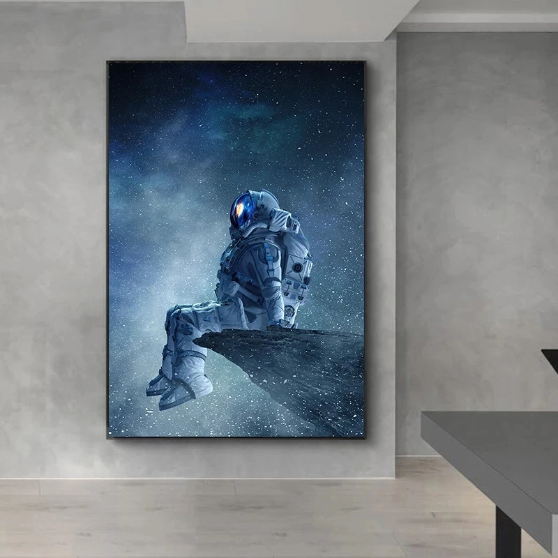 

Canvas Painting Posters and Prints Modern Lonely Astronaut Sitting In Space Wall Art Pictures for Bedroom Home Decor